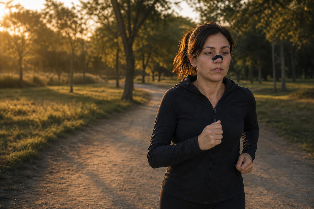 La misma mujer corriendo al amanecer con una tira nasal